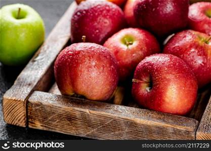 Red apples on a wooden tray with one green apple. On a black background. High quality photo. Red apples on a wooden tray with one green apple.