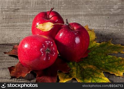 Red apples with maple leaves. Autumn yellow and maroon leaves on a wooden table.