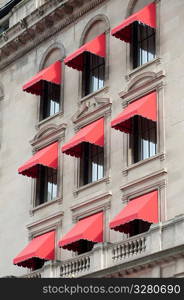 Red awnings on a building in Boston, Massachusetts, USA