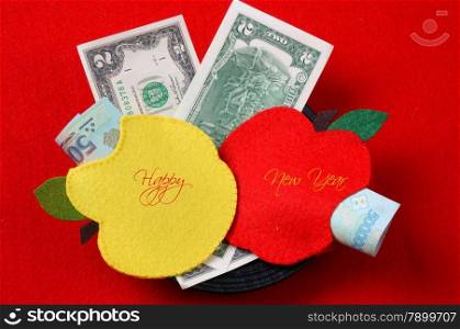 Red background of Vietnam Tet, habit, custom of Vietnamese on Tet is lucky money, a Vietnam traditional culture, child wish somebody a happy new year, receive red envelope, Tet also lunar new year