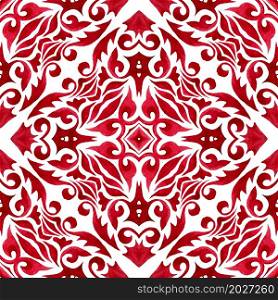 Red background ornamental Hand drawn watercolor art. Decorative seamless pattern damask on a white background. Can be used as a Christmas card or background, fabric and ceramic tiles. Red seamless ornamental watercolor arabesque paint tile pattern for fabric