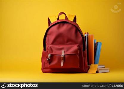 Red backpack with school supplies on yellow background. Back to school concept