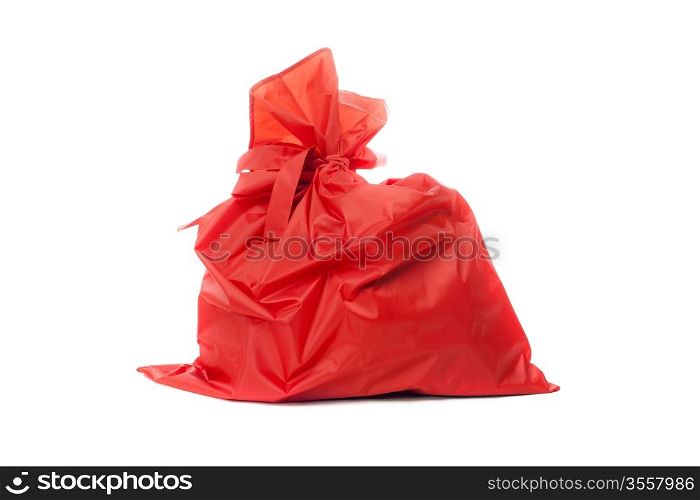 Red bag of Christmas gifts. Isolated on white