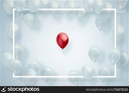 Red ballon standing out from crowd of white balloons . Leadership, independence, initiative, strategy, dissent, think different, uniqueness ,business success concept .