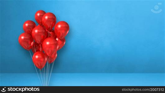 Red balloons bunch on a blue wall background. Horizontal banner. 3D illustration render. Red balloons bunch on a blue wall background. Horizontal banner.