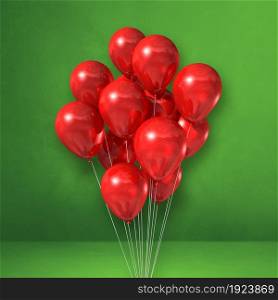 Red balloons bunch on a green wall background. 3D illustration render. Red balloons bunch on a green wall background