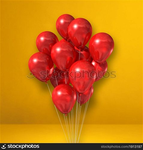 Red balloons bunch on a yellow wall background. 3D illustration render. Red balloons bunch on a yellow wall background