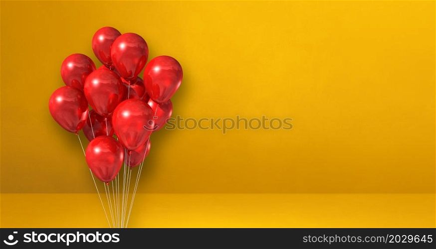 Red balloons bunch on a yellow wall background. Horizontal banner. 3D illustration render. Red balloons bunch on a yellow wall background. Horizontal banner.