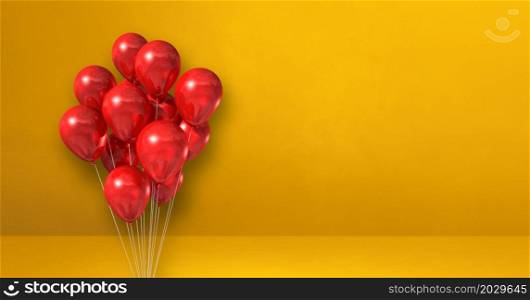 Red balloons bunch on a yellow wall background. Horizontal banner. 3D illustration render. Red balloons bunch on a yellow wall background. Horizontal banner.