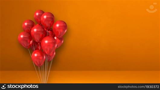 Red balloons bunch on orange wall background. Horizontal banner. 3D illustration render. Red balloons bunch on orange wall background. Horizontal banner.