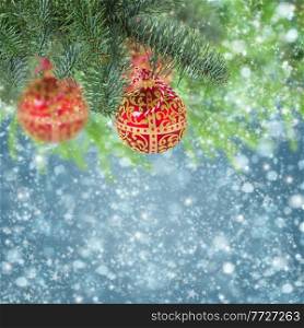 red balls hanging on evergreen tree on  christmas  blue background with snow. christmas ball hanging on evergreen tree