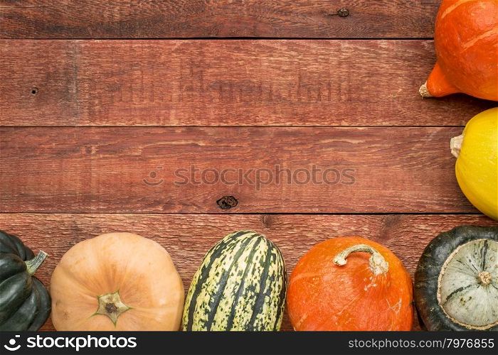 red barn wood background with framed by a variety of winter squash fruits
