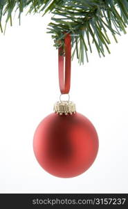 Red Bauble Hanging From Tree Against White Background
