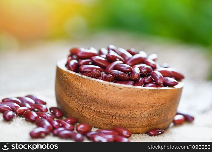 Red bean in a wooden bowl with nature green background / Grains red kidney beans