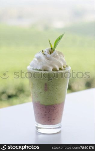 Red bean Milk Green tea smoothie with whipped cream