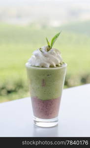 Red bean Milk Green tea smoothie with whipped cream