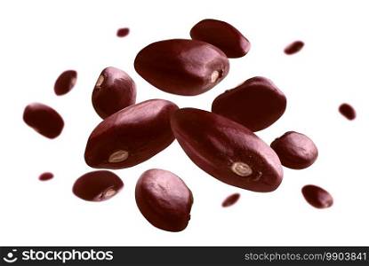 Red beans levitate on a white background.. Red beans levitate on a white background