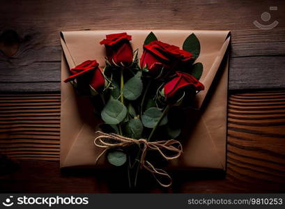 Red beautiful roses in envelope. Illustration AI Generative 