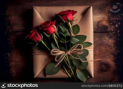 Red beautiful roses in envelope. Illustration AI Generative 