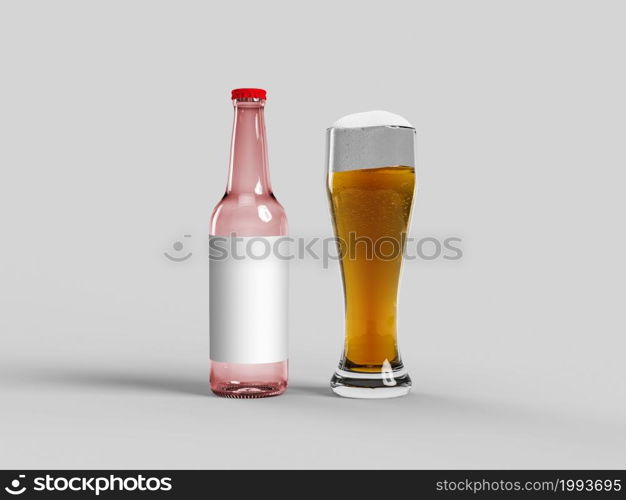 Red beer bottle and glass with golden lager on isolated, copy space, mock up oktoberfest