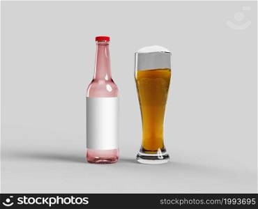 Red beer bottle and glass with golden lager on isolated, copy space, mock up oktoberfest
