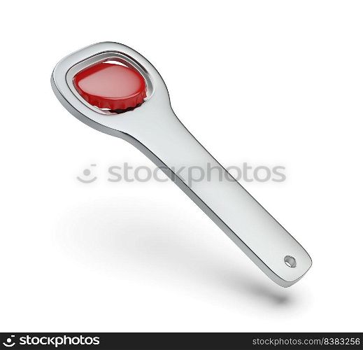 Red beer cap and silver bottle opener on white background