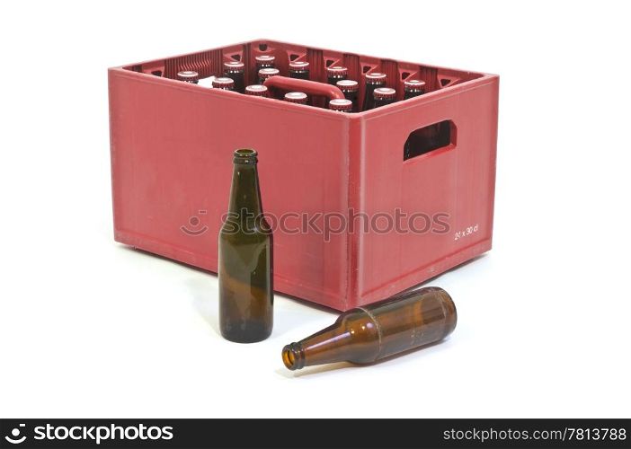 Red Beer crate with two empty bottles in front