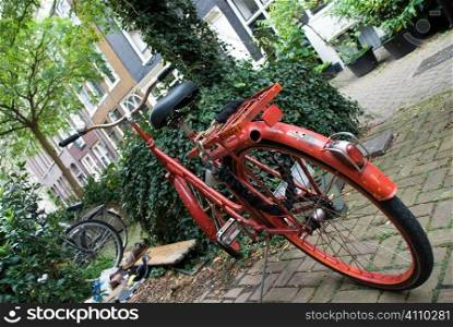 Red bicycle under tree in Amsterdam, Holland
