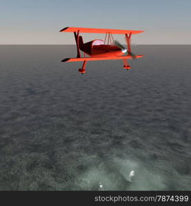 Red biplane flying over water, 3d render