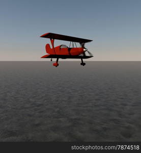 Red biplane flying over water, 3d render