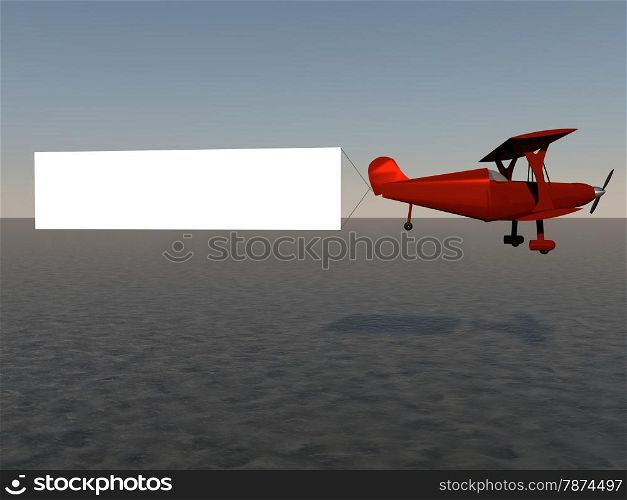 Red biplane with white banner, 3d render