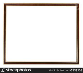red, black and gold painted narrow wooden picture frame with cut out blank space isolated on white background