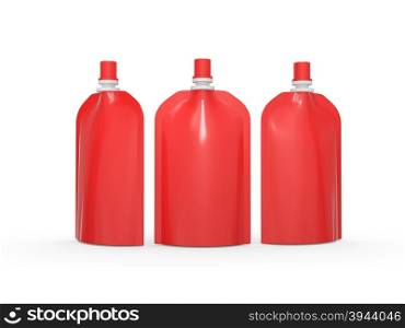 Red blank stand up bag packaging with spout lid, clipping path included. Plastic pack mock up for liquid product like fruit juice, milk , jelly, detergent, shampoo or shower cream, Ready for design and artwork