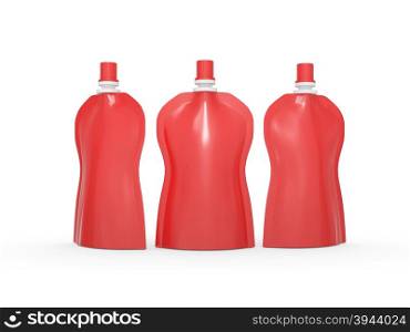 Red blank stand up curve bag packaging with spout lid, clipping path included. Plastic pack mock up for liquid product like fruit juice, milk , jelly, detergent, shampoo or shower cream, Ready for design and artwork&#xA;