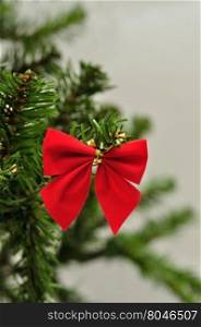 Red bow hanging on a Christmas tree branch