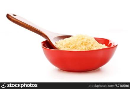 red bowl with rice and wooden spoon