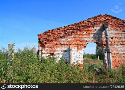 red brick destroyed building amongst green herb