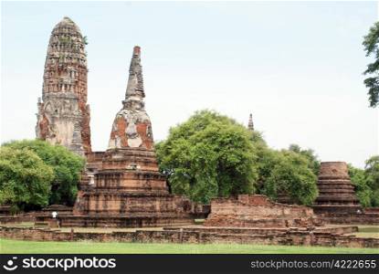 Red brick stupas and ruins in Ayuthaya, centrral Thailand