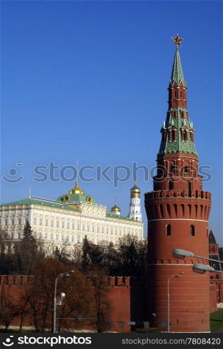 Red brick tower on the corner of Kremlin