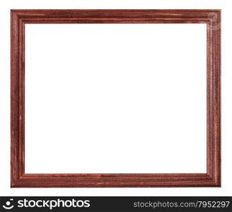 red brown painted narrow wooden picture frame with cut out blank space isolated on white background