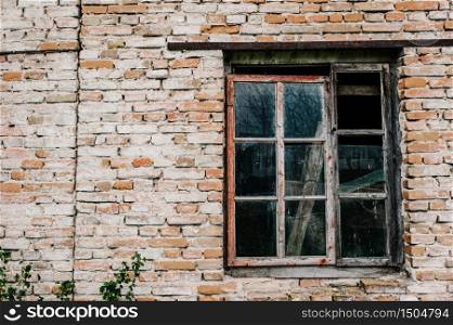 Red, brown, white, brick wall, texture, background with old wooden window, broken glass