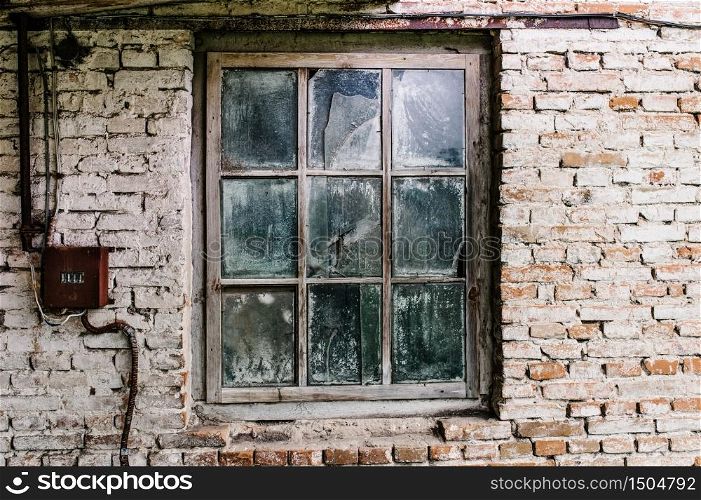 Red, brown, white, brick wall, texture, background with old wooden windowwith counter