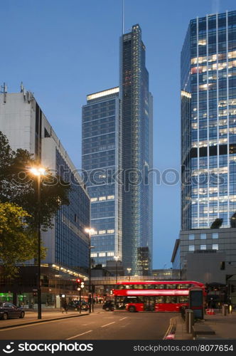 Red Bus in City of London. Night in city of London