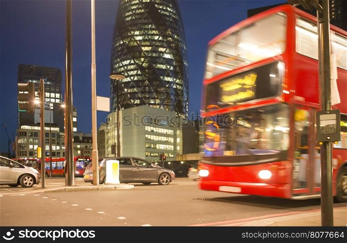 Red Bus in City of London. Night in city of London