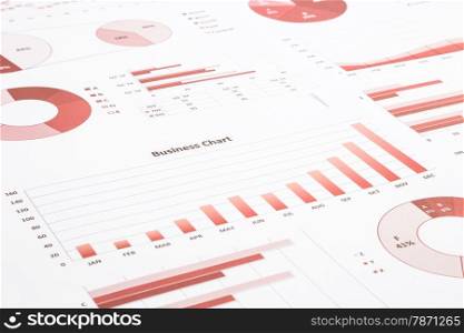 red business charts, graphs, annual reports and summarizing background, management and project for business concepts