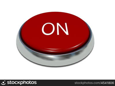 Red button with a metal edging and an inscription