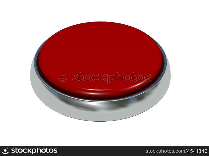 Red button with a metal edging and an inscription