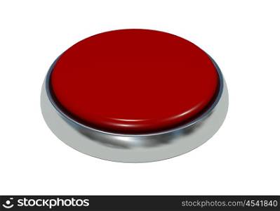 Red button with a metal edging and an inscription