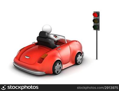 Red cabrio on stopped red traffic light signal (funny isolated on white background micro machines series)