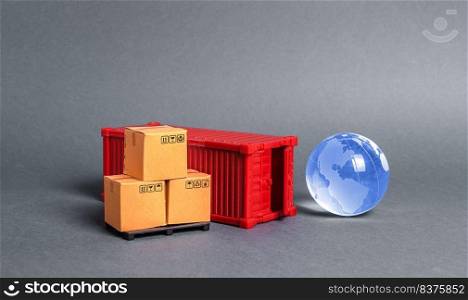 Red cargo container with boxes and blue planet earth glass ball. Business and industry, transport infrastructure. The concept of commerce and trade, delivery, exchange of goods. Globalization